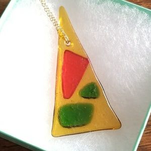 Handmade necklace fused Glass yellow red gold tone triangle funky artsy